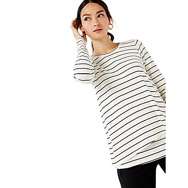 A Pea in the Pod Small Long Sleeve Striped Pull Over Nursing Tee in Black/White. View a larger version of this product image.