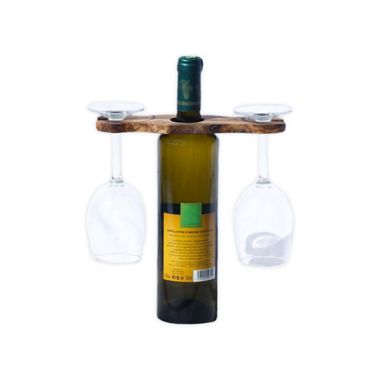 Kamsah Olive Wood Wine Bottle and Glass Holder in Brown. View a larger version of this product image.