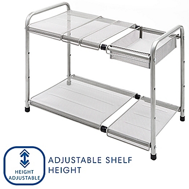 Squared Away&trade; 2-Tier Metal Mesh Expandable Under-the-Sink Storage Shelf in Matte Nickel. View a larger version of this product image.