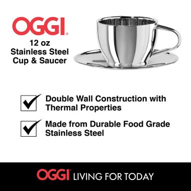 OGGI&trade; 12 oz. Double Wall Stainless Steel Cup and Saucer. View a larger version of this product image.
