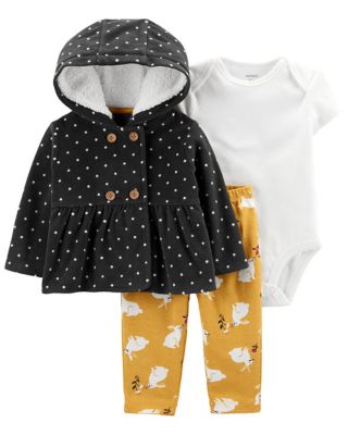 NWT Infant Girls 2 pc set Carters Fleece Jacket Black Pants Polka Dots Dog 