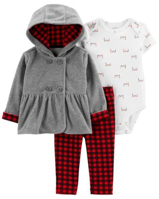 Carter S 3 Piece Buffalo Check Hoodie Cardigan Set In Grey Red Bed Bath Beyond