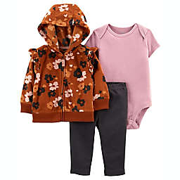 carter's® Newborn 3-Piece Floral Fleece Hoodie Cardigan Set in Brown/Purple