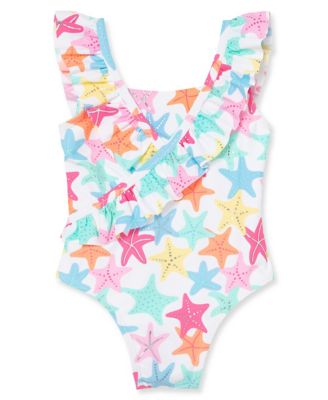 Little Me&reg; Starfish Ruffled Swimsuit in White/Multi