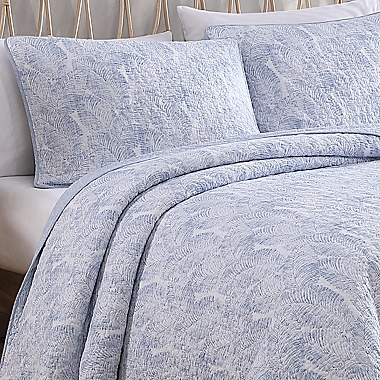 Distressed Water Leaves Sky Full/Queen Quilt Set in Sky Blue. View a larger version of this product image.