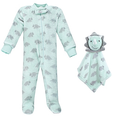 Hudson Baby&reg; Size 0-3M Dino Plush Sleep and Play Footie and Security Blanket/Toy in Blue. View a larger version of this product image.