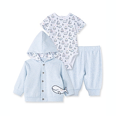 Little Me&reg; Size 6M 3-Piece Whale Hooded Cardigan, Bodysuit, and Pant Set in Blue. View a larger version of this product image.