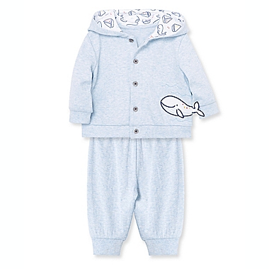 Little Me&reg; Size 6M 3-Piece Whale Hooded Cardigan, Bodysuit, and Pant Set in Blue. View a larger version of this product image.