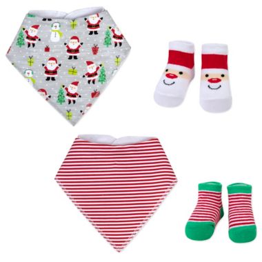 Baby Essentials 4-Piece Christmas Santa Bib and Sock Set in Grey. View a larger version of this product image.