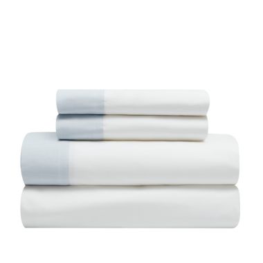 Everhome&trade; Chambray Cuff 400-Thread-Count Queen Sheet Set in White/Skyway. View a larger version of this product image.