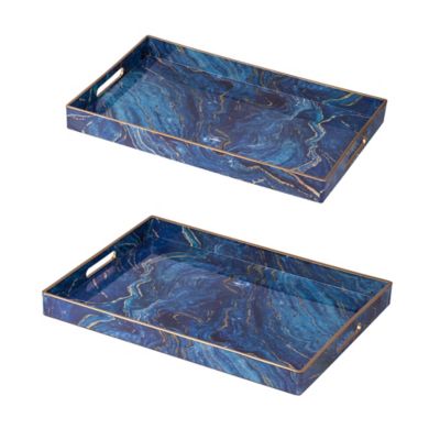 A&amp;B Home 2-Piece Marbleized Rectangular Tray Set in Blue