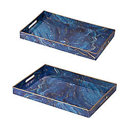 A&B Home 2-Piece Marbleized Rectangular Tray Set in Blue