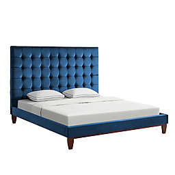 Inspired Home Sabina Queen Velvet Upholstered Platform Bed in Navy