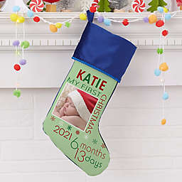 Baby's First Christmas Personalized Photo Christmas Stocking in Blue