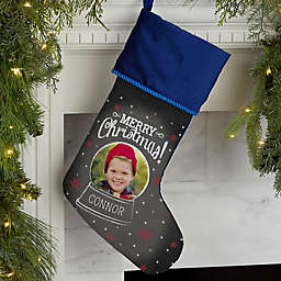 Snow Globe Personalized Photo Christmas Stocking in Blue