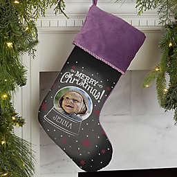 Snow Globe Personalized Photo Christmas Stocking in Purple