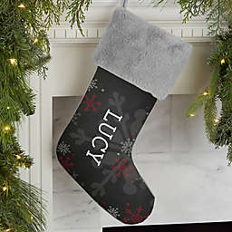 Chalked Snowflakes Personalized Faux Fur Christmas Stocking in Grey