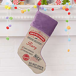 Special Delivery From Santa Personalized Christmas Stocking in Purple