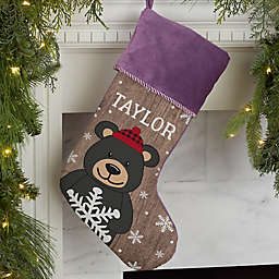 Holiday Bear Family Personalized Christmas Stocking in Purple