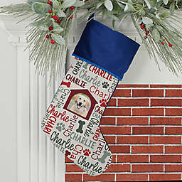 Repeating Pet Name Personalized Photo Christmas Stocking in Blue