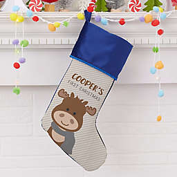Baby Moose Personalized First Christmas Stocking in Blue