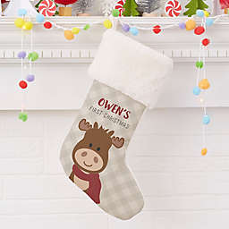 Baby Moose Personalized First Christmas Faux Fur Stocking in Ivory