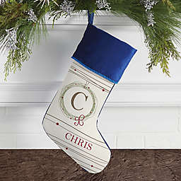 Holiday Wreath Monogrammed Christmas Stocking in Blue