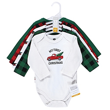 Hudson Baby&reg; Size 0-3M 5-Pack Christmas Tree Long Sleeve Bodysuits in Green. View a larger version of this product image.