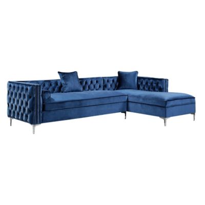Inspired Home Velvet Right-Facing Sectional Sofa in Navy