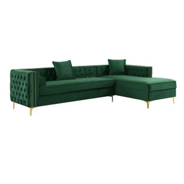 Inspired Home Velvet Right-Facing Sectional Sofa in Hunter Green. View a larger version of this product image.