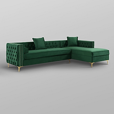Inspired Home Velvet Right-Facing Sectional Sofa in Hunter Green. View a larger version of this product image.