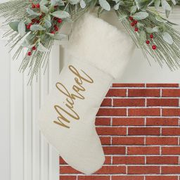 Scripty Name Personalized Faux Fur Christmas Stockings in Ivory
