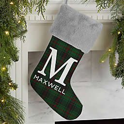 Christmas Plaid Personalized Faux Fur Christmas Stocking in Grey