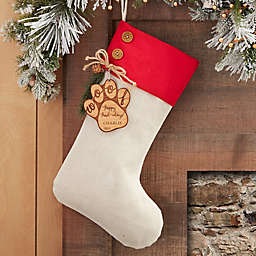 Happy Howl-idays Personalized Christmas Stocking in Red with Natural Alderwood Tag