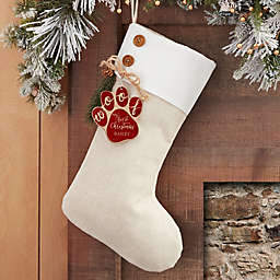 Happy Howl-idays Personalized Christmas Stocking in Ivory with Red Maple Alderwood Tag