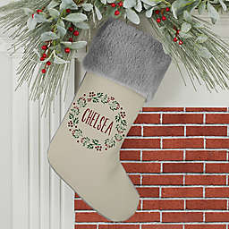 Christmas Wreath Personalized Faux Fur Christmas Stocking in Grey