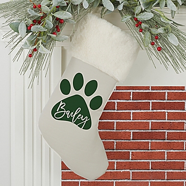 Pet Paw Personalized Faux Fur Christmas Stocking in Ivory. View a larger version of this product image.