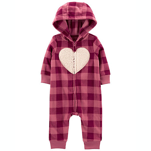 Alternate image 1 for carter's® Heart Check Zip-Up Hooded Fleece Jumpsuit in Red
