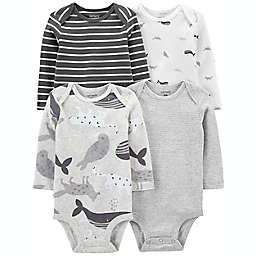 carter's® Size 9M 4-Pack Animals Long Sleeve Bodysuits in Grey
