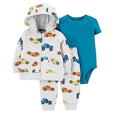 carter&#39;s&reg; 3-Piece Cars &amp; Trucks Sweatsuit &amp; Bodysuit Set in Grey. View a larger version of this product image.