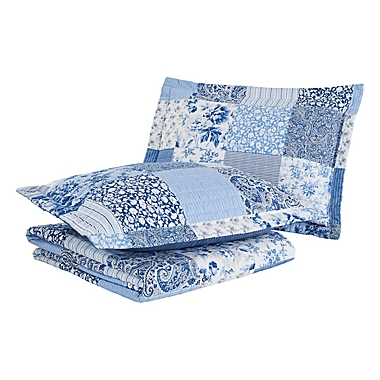 Laura Ashley&reg; Paisley Patchwork 3-Piece Reversible King Quilt Set in Blue. View a larger version of this product image.