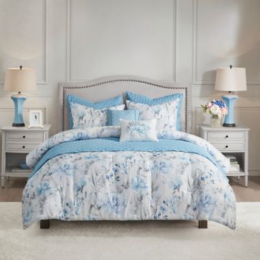 Madison Park&reg; Pema 8-Piece Printed Full/Queen Comforter and Coverlet Set Collection in Blue. View a larger version of this product image.