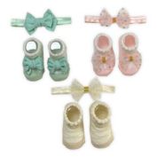 Curls &amp; Pearls 6-Pack Headwrap and Booties Set in Blue/Pink/Ivory
