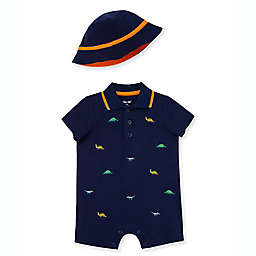 Little Me® 2-Piece Dino Short Sleeve Romper and Hat Set in Navy