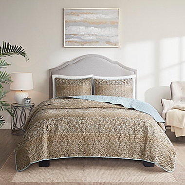 Madison Park&reg; Nadia 3-Piece Reversible Full/Queen Coverlet Set in Blue/Brown. View a larger version of this product image.