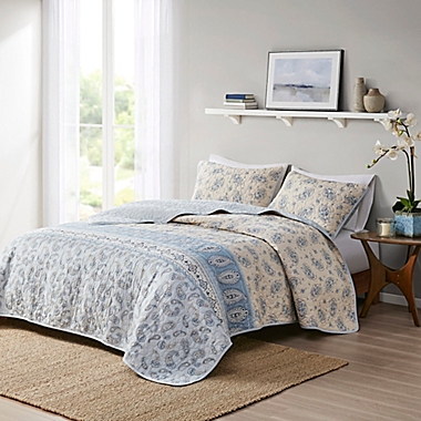 Madison Park&reg; April 3-Piece Reversible Cotton King/California King Coverlet Set in Blue/Taupe. View a larger version of this product image.
