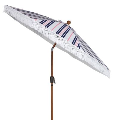 Everhome&trade; 9-Foot Fringed Stripe Octagonal Tilt Market Umbrella in Navy/Pink