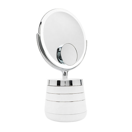 Alternate image 1 for Sharper Image® SpaStudio Vanity Plus 10-Inch Round Mirror with Storage in Silver