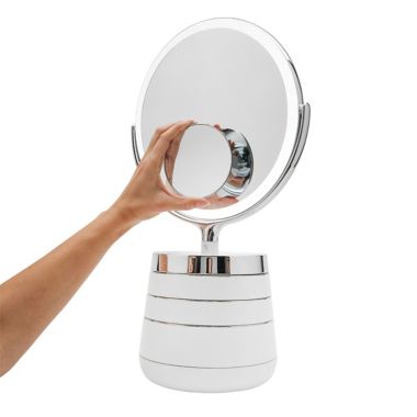 Sharper Image&reg; SpaStudio Vanity Plus 10-Inch Round Mirror with Storage in Silver. View a larger version of this product image.