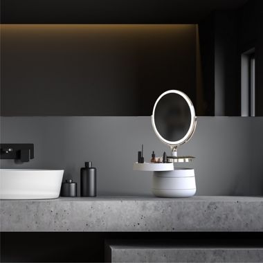 Sharper Image&reg; SpaStudio Vanity Plus 10-Inch Round Mirror with Storage in Silver. View a larger version of this product image.